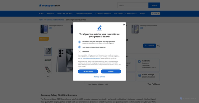 Security scan screenshot of https://www.techspecs.info/samsung-galaxy-s26-ultra/
