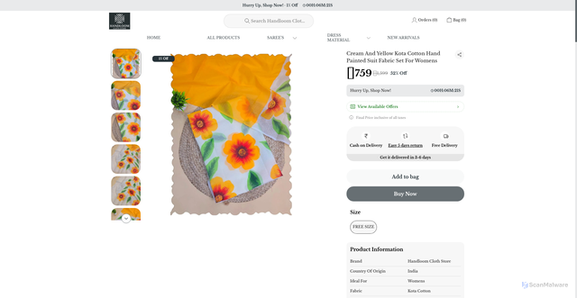 Security scan screenshot of https://handloomclothstore.com/Cream-And-Yellow-Kota-Cotton-Hand-Painted-Suit-Fabric-Set/catalogue/UCyFEiEp/dnYrWj0v