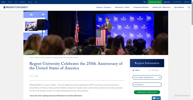 Security scan screenshot of https://www.regent.edu/news/celebrating-the-250th-anniversary-of-the-united-states-of-america/