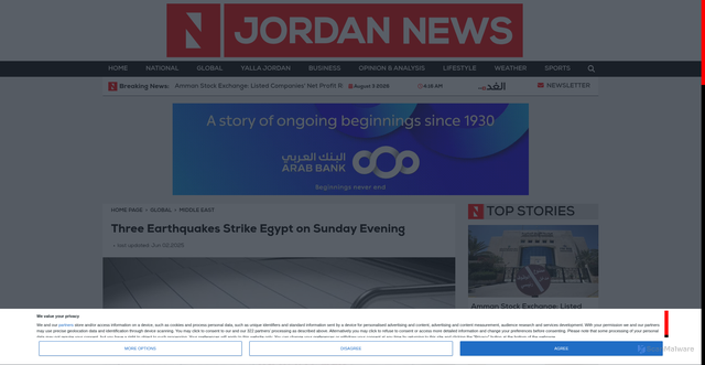 Security scan screenshot of https://www.jordannews.jo/Section-20/Middle-East/Three-Earthquakes-Strike-Egypt-on-Sunday-Evening-42297