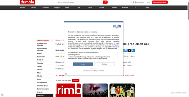 Security scan screenshot of https://drimble.nl/dossiers/smartphones/108108754/ios-2701-komt-al-heel-snel-en-lost-grote-iphone-problemen-op.html
