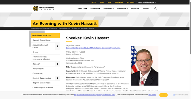 Security scan screenshot of https://www.kennesaw.edu/coles/centers/markets-economic-opportunity/hassett-dinner.php