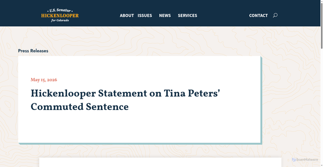Security scan screenshot of https://www.hickenlooper.senate.gov/press_releases/hickenlooper-statement-on-tina-peters-commuted-sentence/