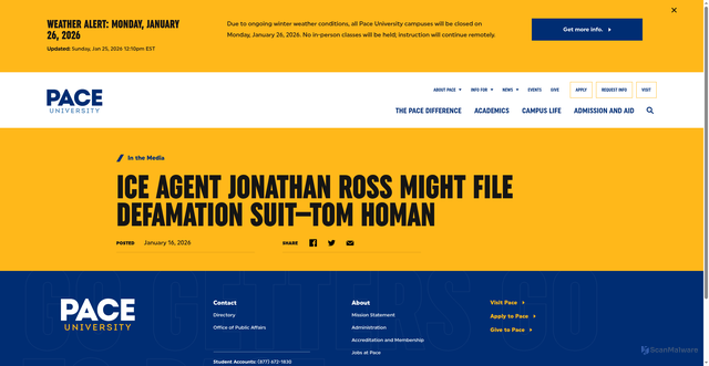 Security scan screenshot of https://www.pace.edu/news/ice-agent-jonathan-ross-might-file-defamation-suit-tom-homan