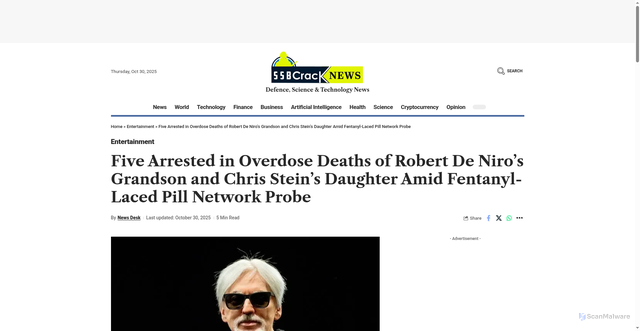 Security scan screenshot of https://news.ssbcrack.com/five-arrested-in-overdose-deaths-of-robert-de-niros-grandson-and-chris-steins-daughter-amid-fentanyl-laced-pill-network-probe/