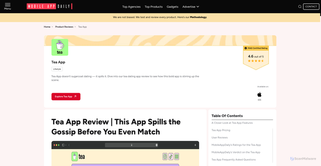 Security scan screenshot of https://www.mobileappdaily.com/product-review/tea-app