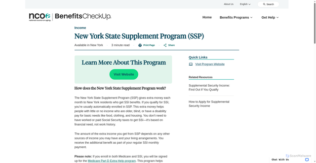 Security scan screenshot of https://benefitscheckup.org/program/income_ny_ssi