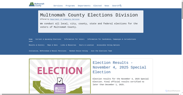 Security scan screenshot of https://multco.us/departments/multnomah-county-elections-division