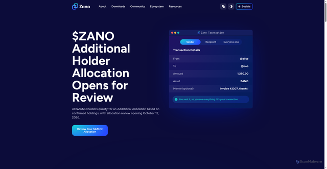 Security scan screenshot of https://zano.digital/