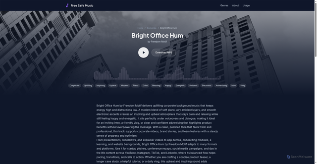Security scan screenshot of https://freesafemusic.pages.dev/tracks/bright-office-hum/