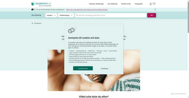 Security scan screenshot of https://www.studentum.se/yrkesguiden/?utm_source=user.com&utm_medium=email&utm_campaign=nyhetsbrev-januari-2026&__ca__chat=11zjixs0difj