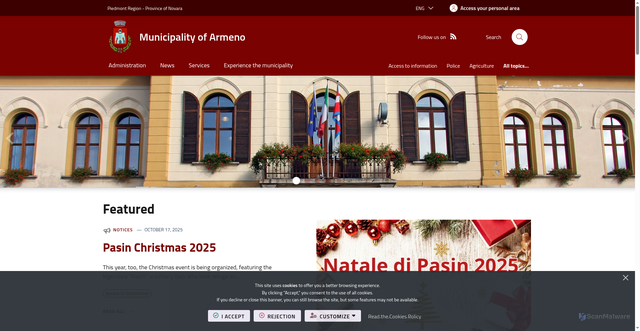 Security scan screenshot of https://www.comune.armeno.no.it/it-it/home