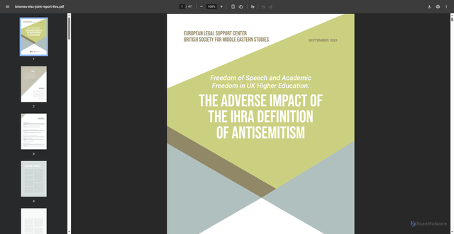 Security scan screenshot of https://www.brismes.ac.uk/files/documents/brismes-elsc-joint-report-ihra.pdf