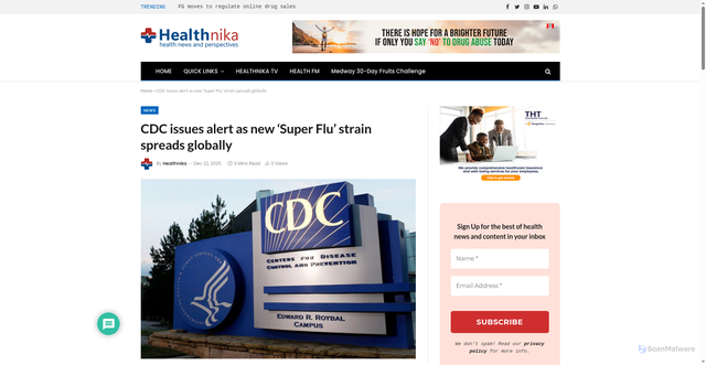 Security scan screenshot of https://healthnika.com/2025/12/22/cdc-issues-alert-as-new-super-flu-strain-spreads-globally/