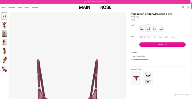 Security scan screenshot of https://mainrose.com/products/fine-mesh-underwire-scoop-bra-burgundy?utm_source=Klaviyo&utm_medium=email&utm_campaign=Mia%20Mesh%20Bras&_kx=M7Iq4H4-y5vK2kDmEvadKWBD_cNoB7tRv2zRLmQFPJw.SuD5J2