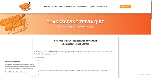 Security scan screenshot of https://gamenightlive.com/thanksgiving-trivia-quiz/