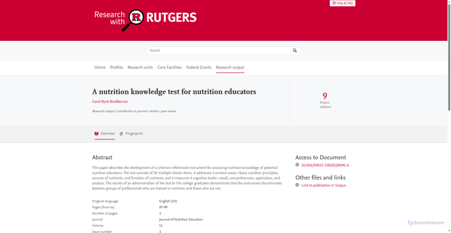 Security scan screenshot of https://www.researchwithrutgers.com/en/publications/a-nutrition-knowledge-test-for-nutrition-educators/