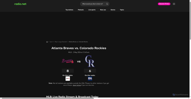 Security scan screenshot of https://au.radio.net/sport/mlb/atlanta-braves-vs-colorado-rockies_178490