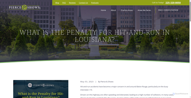 Security scan screenshot of https://www.pierceandshows.com/blog/2023/may/what-is-the-penalty-for-hit-and-run-in-louisiana/
