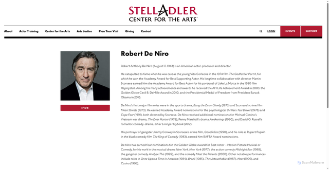 Security scan screenshot of https://stellaadler.com/profiles/robert-de-niro/
