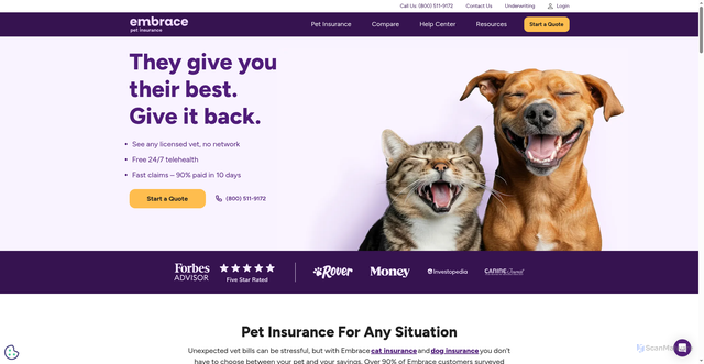 Security scan screenshot of https://embracepetinsurance.com