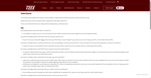 Security scan screenshot of https://teexonline.org/student-records/