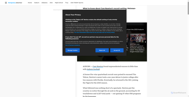 Security scan screenshot of https://www.montgomeryadvertiser.com/story/sports/college/auburn/2025/10/11/cam-newton-auburn-football-2010-season-jersey-number-retirement/86627223007/