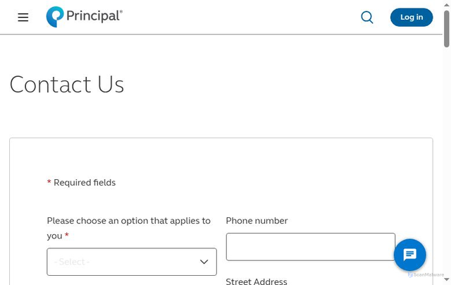 Security scan screenshot of https://www.principal.com/contact-us