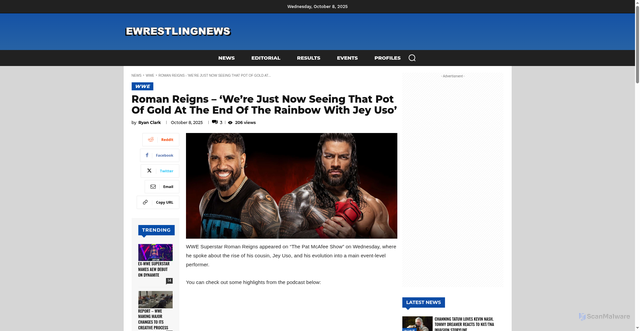 Security scan screenshot of https://www.ewrestlingnews.com/news/wwe/roman-reigns-were-just-now-seeing-that-pot-of-gold-at-the-end-of-the-rainbow-with-jey-uso