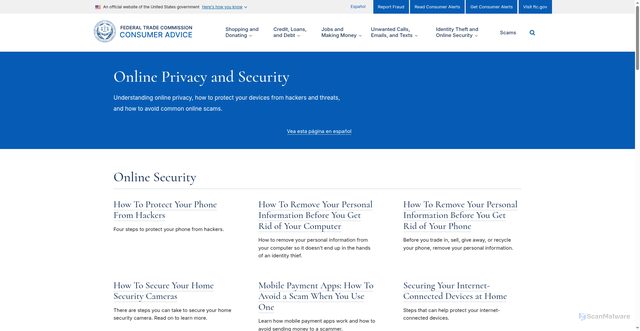 Security scan screenshot of https://consumer.ftc.gov/identity-theft-and-online-security/online-privacy-and-security