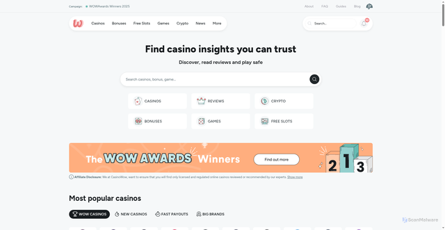 Security scan screenshot of https://casinowow.com