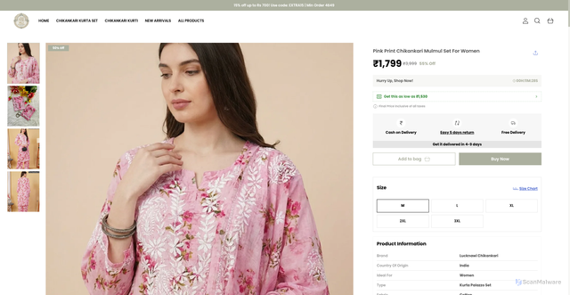 Security scan screenshot of https://pkzlucknawichikan.com/Pink-Print-Chikankari-Mulmul-Set-For-Women/catalogue/QCNE2EuC/l6Zy1zXD