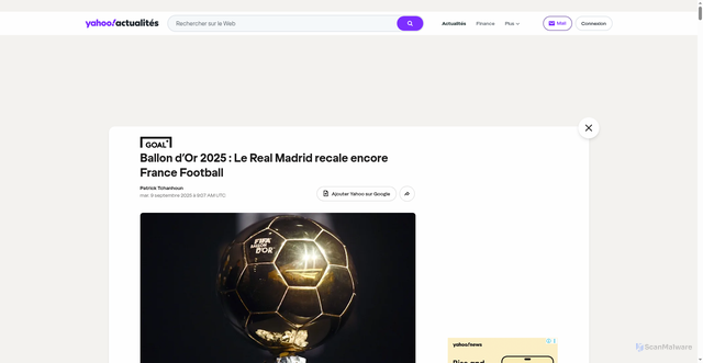 Security scan screenshot of https://fr.news.yahoo.com/sport/ballon-d-or-2025-real-090702991.html