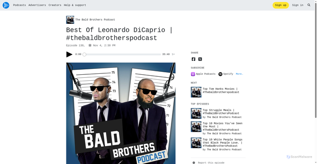 Security scan screenshot of https://audioboom.com/posts/8800780-best-of-leonardo-dicaprio-thebaldbrotherspodcast