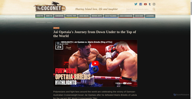 Security scan screenshot of https://www.thecoconet.tv/coco-talanoa/sports/jai-opetaias-journey-from-down-under-to-the/