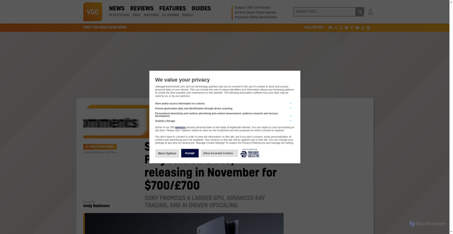 Security scan screenshot of https://www.videogameschronicle.com/news/sony-officially-unveils-playstation-5-pro/