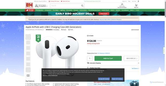 Security scan screenshot of https://www.bhphotovideo.com/c/product/1852454-REG/apple_mxp63ll_a_airpods_4.html