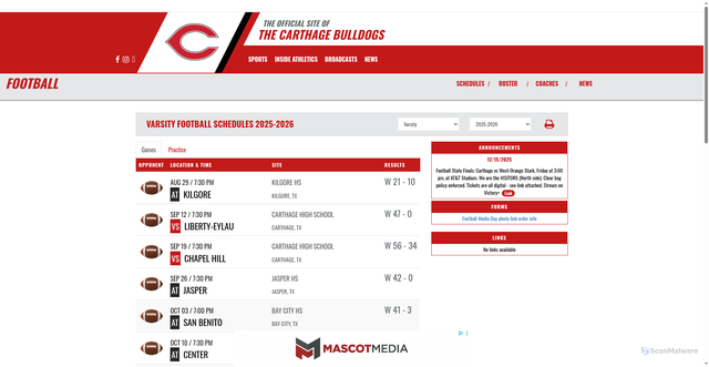 Security scan screenshot of https://www.carthagebulldogs.org/sport/football/boys/?tab=schedule