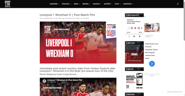 Security scan screenshot of https://www.theanfieldwrap.com/2026/07/liverpool-1-wrexham-0-post-match-pint/