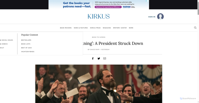 Security scan screenshot of https://www.kirkusreviews.com/news-and-features/articles/death-by-lightning-a-president-struck-down/