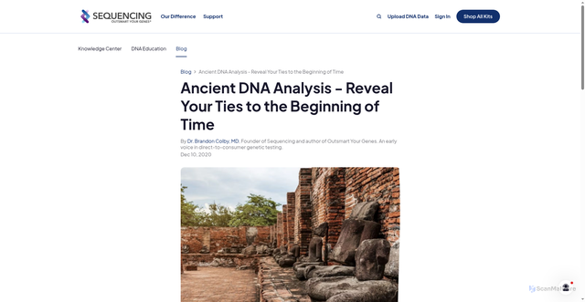 Security scan screenshot of https://sequencing.com/blog/post/ancient-dna-analysis?srsltid=AfmBOoqO_HEn6bz87yNgxnwGY380Vo2lT3zvr8t9UTv3nwI5qKyyG2pM