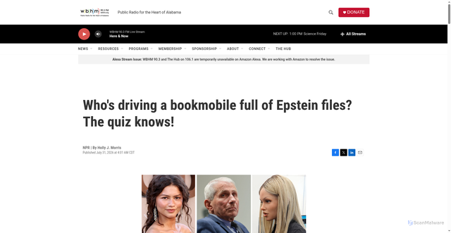 Security scan screenshot of https://www.wbhm.org/2026-07-31/whos-driving-a-bookmobile-full-of-epstein-files-the-quiz-knows