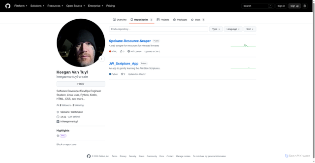 Security scan screenshot of https://github.com/keeganvantuyl-create?tab=repositories