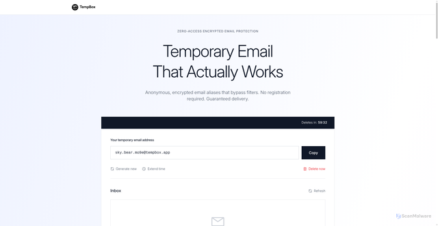 Security scan screenshot of https://tempbox.app/