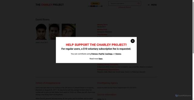 Security scan screenshot of https://charleyproject.org/case/david-rivera