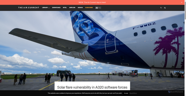 Security scan screenshot of https://theaircurrent.com/feed/dispatches/solar-flare-vulnerability-airbus-a320-software-forces-emergency-action-airlines/