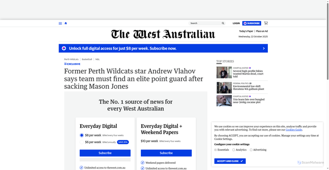 Security scan screenshot of https://thewest.com.au/sport/perth-wildcats/former-perth-wildcats-star-andrew-vlahov-says-team-must-find-an-elite-point-guard-after-sacking-mason-jones-c-20410781