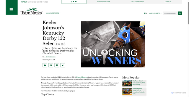 Security scan screenshot of https://www.truenicks.com/articles/291580/keeler-johnsons-kentucky-derby-152-selections