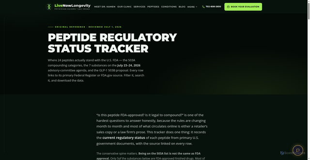 Security scan screenshot of https://www.livenowlongevity.com/peptide-regulatory-tracker