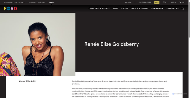 Security scan screenshot of https://www.theford.com/musicdb/artists/9501/renee-elise-goldsberry